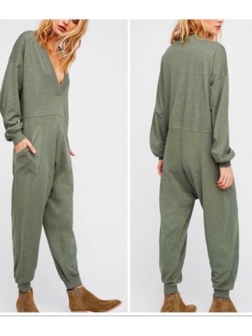 Free People Olive Green V-Neck Long Sleeve Jumpsuit- Small